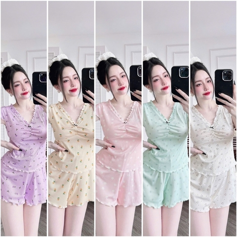 SP_222 Đồ bộ pijama BOLOBALA nữ mặc nhà quần đùi áo tay ngắn cổ V chất thun gân màu nhẹ nhàng