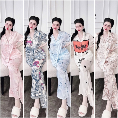 SP_225 Đồ bộ pijama BOLOBALA nữ mặc nhà quần dài áo tay ngắn chạy viền nhẹ chất lụa latin hoạ tiết sang trọng