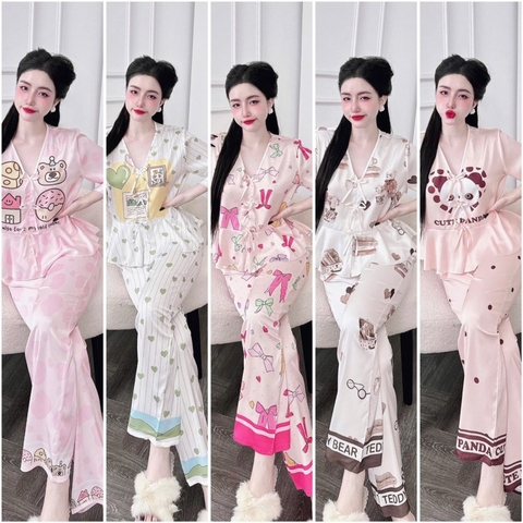 SP_226 Đồ bộ pijama BOLOBALA nữ mặc nhà quần dài áo tay lỡ phom peplum đính 3 nơ chất lụa latin hoạ tiết siêu xinh