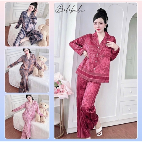 Bộ pijama nữ lụa latin Bolobala, đồ bộ mặc nhà lụa quần dài áo tay dài SP_229 hoạ tiết rừng siêu sang, siêu đẹp