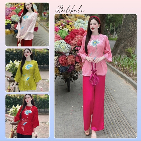 Bộ Lam đi Chùa, Pháp Phục lễ Chùa lụa Bolobala, áo tay lỡ chất gấm in Sen quần lụa lạnh cao cấp SP_230