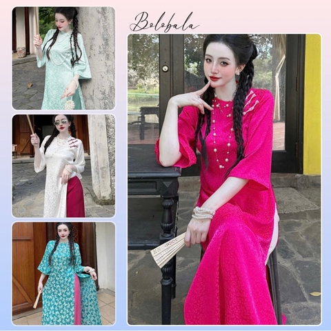 Áo dài cách tân nữ gấm cao cấp Bolobala, phối quần lụa lạnh SP_232 nút tàu đính ngọc, đơn giản, sang trọng Lady