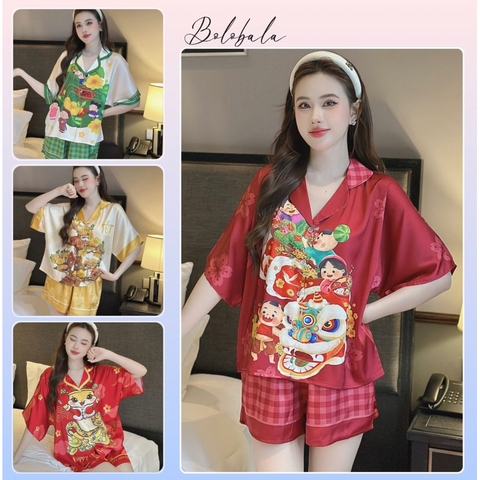 Bộ pijama nữ lụa latin Bolobala, đồ bộ mặc nhà lụa quần đùi áo tay ngắn cánh dơi SP_235 hoạ tiết TẾT Ất Tỵ rực rỡ