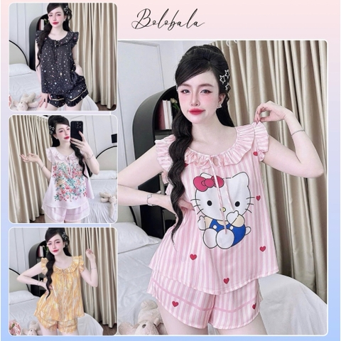 Đồ bộ nữ tiểu thư Bolobala mặc nhà lụa latin SP_260 quần đùi áo tay cánh tiên điệu đà, tay bo, cột nơ nữ tính