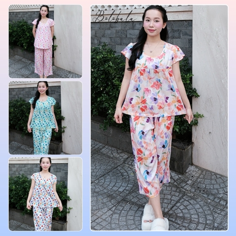 Đồ bộ tole lanh BOLOBALA mặc nhà TL03 quần lỡ áo cổ tròn cánh tiên mẫu quốc dân, hoạ tiết hoa siêu xinh