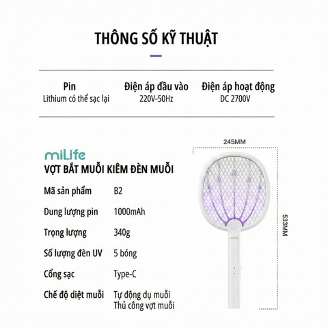 Vợt kiêm đèn bắt muỗi Milife B2