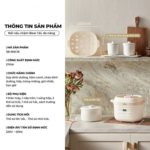 Nồi nấu chậm đa năng 1.6L Bear SB-NNC16, có xửng hấp, 6 chế độ nấu