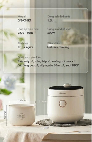 Nồi cơm điện Bear DFB-C16K1 tổng dung tích 1.6L cho 2 người ăn