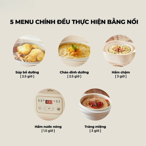 Nồi nấu chậm đa năng 1.6L Bear SB-NNC16, có xửng hấp, 6 chế độ nấu