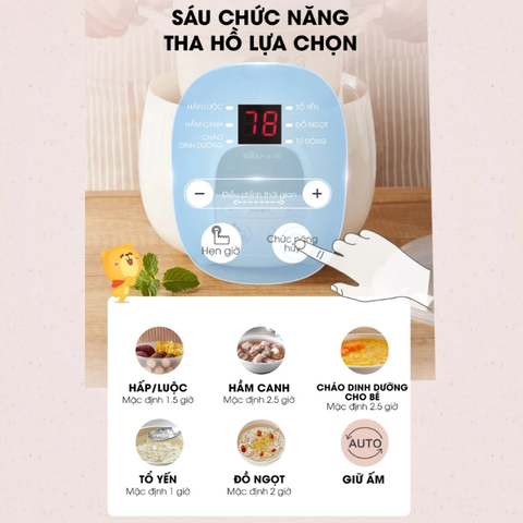 Nồi nấu chậm Bear SUBE001 dung tích 0.8L, 6 chức năng nấu ăn đa dạng