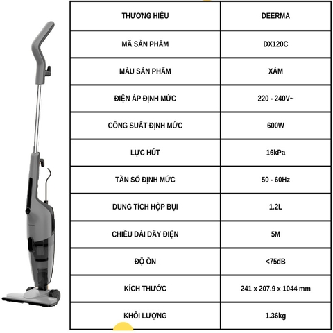 Máy hút bụi cầm tay Deerma DX120C lực hút 16000pa, công suất 600W