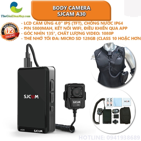 Body Camera SJCAM A30 wifi, pin 5800mah, LCD 4 inch, IP64, 4 đèn led