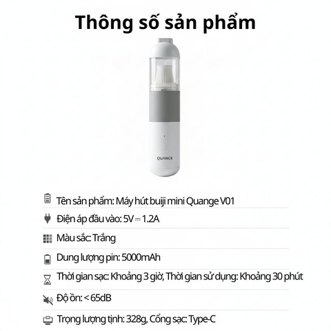 Máy hút bụi mini không dây Quange V01 – Máy hút bụi cầm tay lực hút mạnh 4000Pa – Pin 5000mAh – Dùng cho ô tô và gia đình