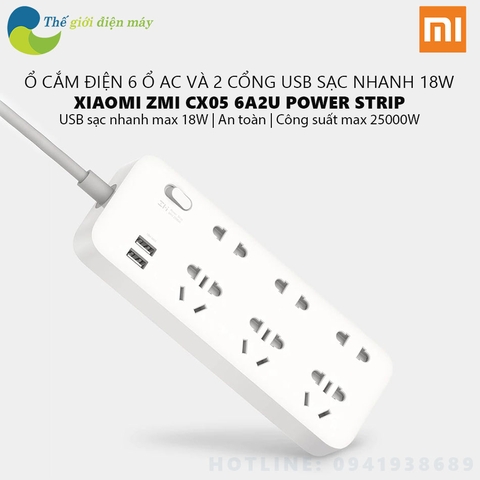 Ổ cắm điện Xiaomi Zmi CX05 6 cổng AC 2 cổng USB sạc nhanh tối đa 18W dài 1.8m