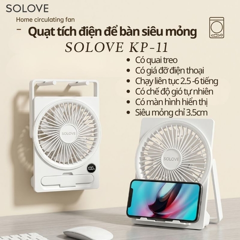 Quạt Tích Điện Để Bàn Siêu Mỏng SOLOVE KP-11 với 6 Cấp Độ Gió, Màn Hình LCD, Tích Hợp Giá Đỡ Điện Thoại