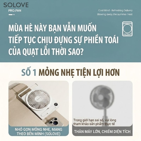 Quạt Tích Điện Để Bàn Siêu Mỏng SOLOVE KP-11 với 6 Cấp Độ Gió, Màn Hình LCD, Tích Hợp Giá Đỡ Điện Thoại