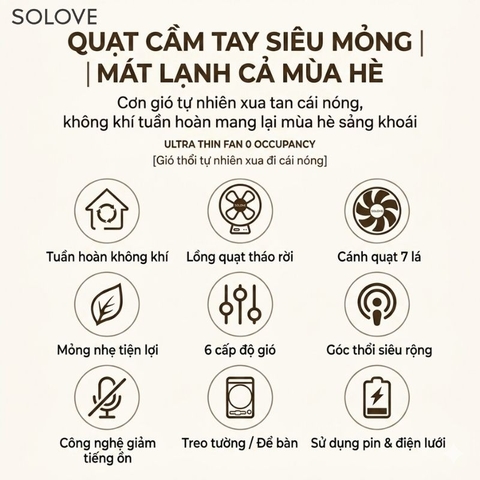 Quạt Tích Điện Để Bàn Siêu Mỏng SOLOVE KP-11 với 6 Cấp Độ Gió, Màn Hình LCD, Tích Hợp Giá Đỡ Điện Thoại