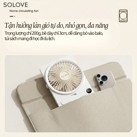 Quạt Tích Điện Để Bàn Siêu Mỏng SOLOVE KP-11 với 6 Cấp Độ Gió, Màn Hình LCD, Tích Hợp Giá Đỡ Điện Thoại
