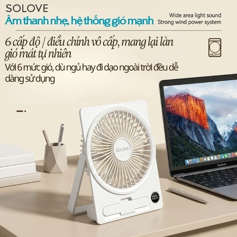 Quạt Tích Điện Để Bàn Siêu Mỏng SOLOVE KP-11 với 6 Cấp Độ Gió, Màn Hình LCD, Tích Hợp Giá Đỡ Điện Thoại