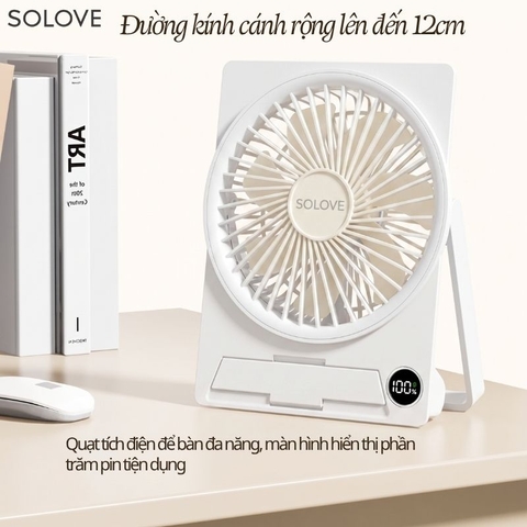 Quạt Tích Điện Để Bàn Siêu Mỏng SOLOVE KP-11 với 6 Cấp Độ Gió, Màn Hình LCD, Tích Hợp Giá Đỡ Điện Thoại