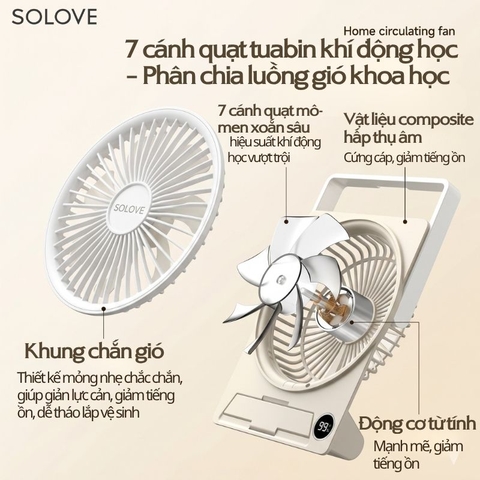Quạt Tích Điện Để Bàn Siêu Mỏng SOLOVE KP-11 với 6 Cấp Độ Gió, Màn Hình LCD, Tích Hợp Giá Đỡ Điện Thoại
