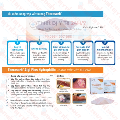 Băng xốp vết thương Therasorb® Algi Plus Hydrophilic Dressing 30cmx100cm - Băng gạc dạng foam hút dịch, nhanh lành thương