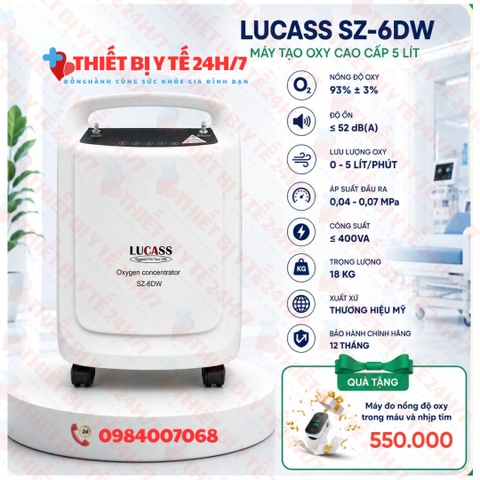 Máy tạo oxy 2 in 1 Lucass SZ-6DW + xông khí dung TẶNG KÈM MÁY ĐO SPO2