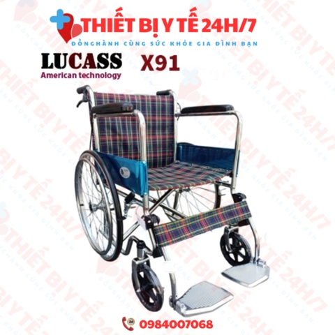 Xe lăn Lucass X91 có phanh vải kẻ hoặc da gác chân gấp gọn