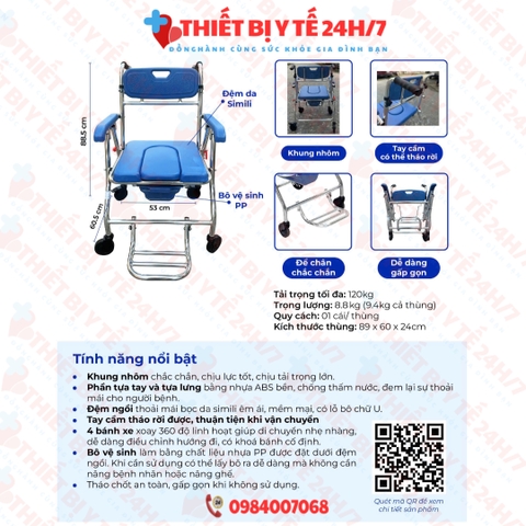 Xe Lăn Có Bô Đa Năng Gấp Gọn Khung Hợp Kim Nhôm