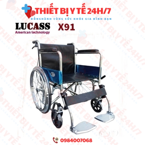 Xe lăn Lucass X91 có phanh vải kẻ hoặc da gác chân gấp gọn