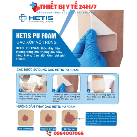 Gạc hút dịch chống loét vô trùng HETIS PU Foam 10x10cm - Vết loét tỳ đè, vết loét bỏng, vết thương hở nhiều dịch