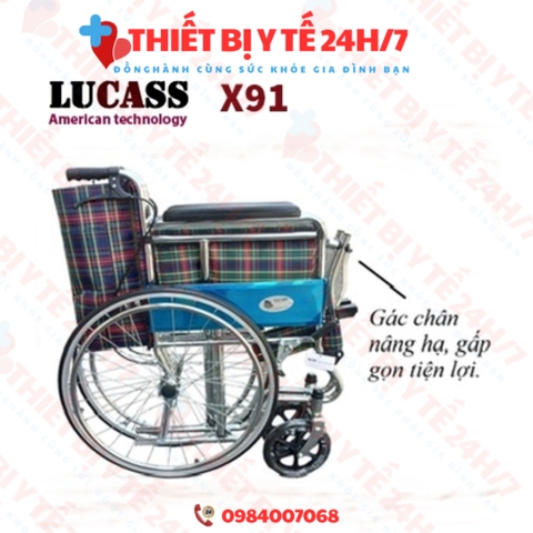 Xe lăn Lucass X91 có phanh vải kẻ hoặc da gác chân gấp gọn