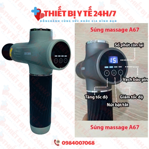 Súng massage cầm tay công nghệ Mỹ Lucass A67 có 4 đầu - 6 tốc độ - màn hình điện tử