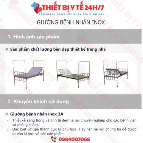 GIƯỜNG BỆNH NHÂN INOX CƠ BẢN NÂNG ĐẦU BẰNG BẢN LỀ
