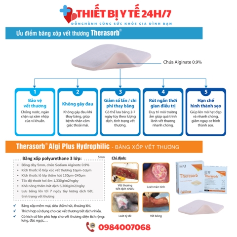 Băng xốp vết thương Therasorb® Algi Plus Hydrophilic Dressing 10cmx10cm - Băng gạc dạng foam hút dịch, nhanh lành thương