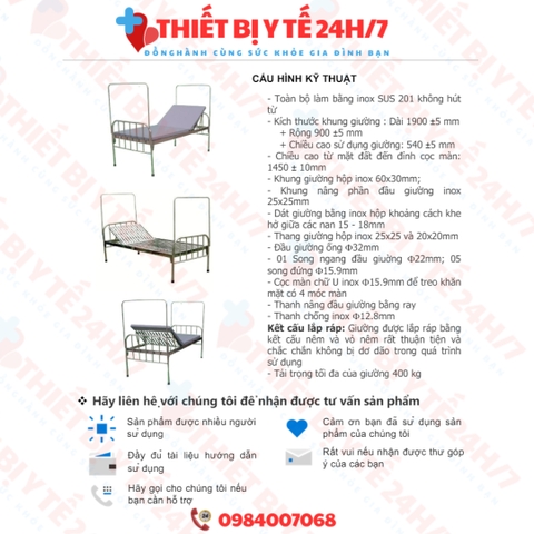 GIƯỜNG BỆNH NHÂN INOX CƠ BẢN NÂNG ĐẦU BẰNG BẢN LỀ