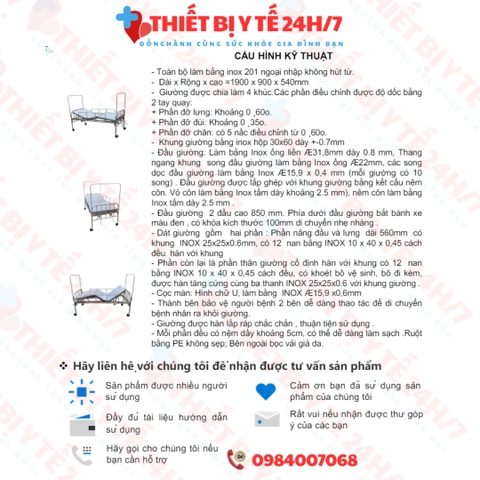 GIƯỜNG BỆNH NHÂN INOX 2 TAY QUAY NÂNG ĐẦU,NÂNG CHÂN