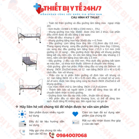 GIƯỜNG BỆNH NHÂN INOX 1 TAY QUAY NÂNG ĐẦU
