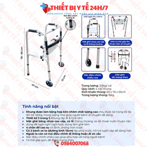 Khung Tập Đi Có Ghế Ngồi 2in1 Hợp Kim Nhôm Cao Cấp