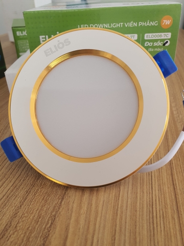 Đèn Downlight viền phẳng pha vàng gold, 7w, ánh sáng ba màu