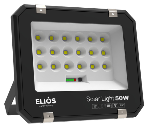 Đèn pha năng lượng mặt trời ELIOS 50W, Pin Lithium 3.2V 5Ah, Tấm NLMT 6W/5V, KT đèn 205*170*44.5mm