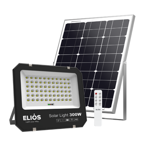 Đèn pha năng lượng mặt trời ELIOS 300W, Pin Lithium 3.2V 30Ah, Tấm NLMT 30W/5V, KT đèn 360.5*300.5*46.5mm