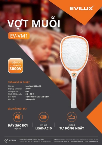 Vợt muỗi màu đỏ, pin lead - acid 400mAh, sử dụng dây sạc rời, model EV-VM1