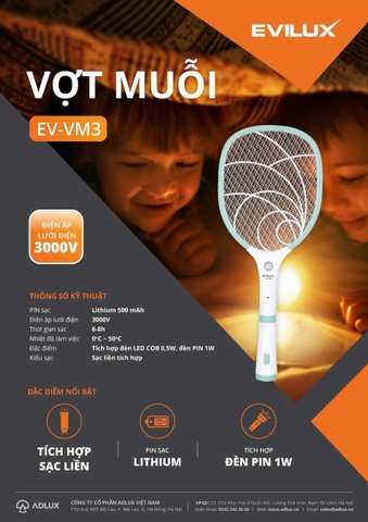 Vợt muỗi màu xanh, pin lithium 500mAh, tích hợp đèn pin sạc liền model EV-VM3