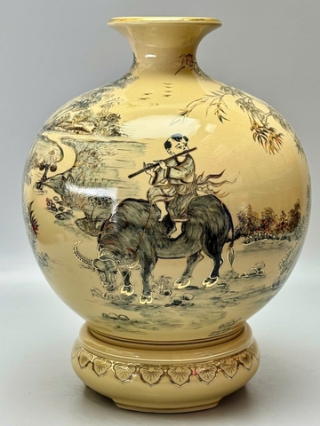 Bình hút tài lộc làng quê Việt Nam gốm Chu Đậu vẽ vàng 24k