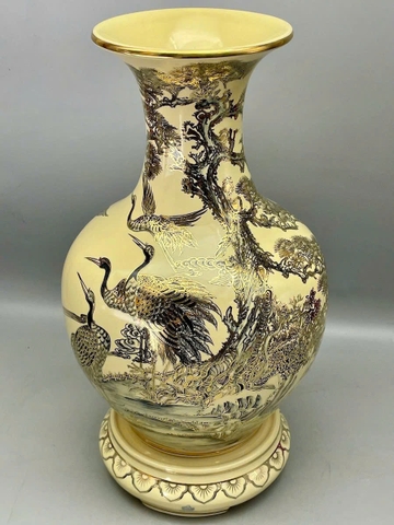 Bình phú quý H65 tùng hạc gốm Chu Đậu vẽ vàng