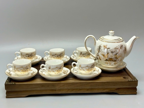 Bộ ấm trà men trắng phù dung gốm chu đậu vẽ vàng 24k