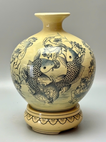 Bình hút lộc cá chép hoa sen H30 gốm chu đậu truyền thống