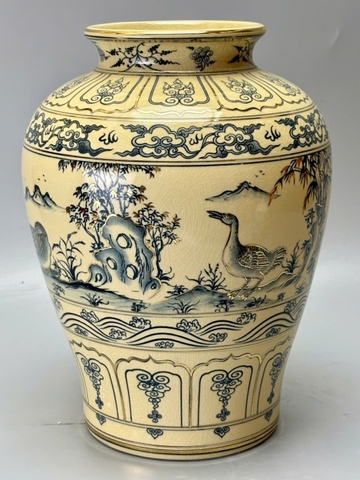 Bình thiên nga cao 33cm gốm Chu Đậu kẻ vàng 24k