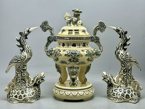 Bộ lư hương đỉnh hạc tai mây gốm Chu Đậu truyền thống